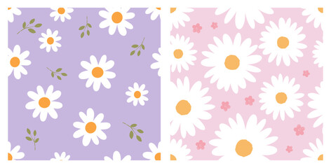 Sticker - Seamless pattern with daisy flower on purple and pink backgrounds vector.