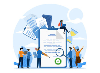 business team with approved documents. Project completed, work done or done, test, option approved, document checked, Vector illustration concept for web page, banner, social media