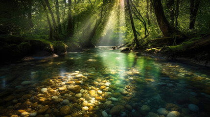 Wall Mural - A crystal-clear stream meandering through a lush forest, with sunbeams filtering through the trees and casting dappled shadows on the sparkling water. Generative AI