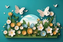 Earth Day Concept With Flowers And Butterfly Paper Cut Style, World Environment Day Concept, Generative AI