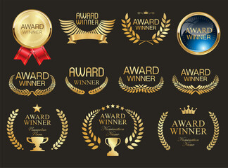Wall Mural - award winner emblem collection of gold laurel wreath vector illustration