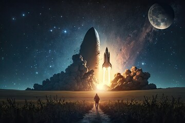 Wall Mural - rocket start, with view of distant starry night sky, created with generative ai