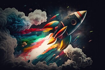 Wall Mural - rocket blasting off into the night sky, with colorful stars and planets in the background, created w