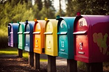 A Row Of Colorful Mailboxes With Each One Unique In Its Own Way, Created With Generative Ai