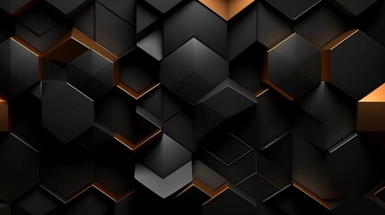 black hexagonal background, in the style of dark gray and dark gold, modern, dimensional layering, shaped canvas, dark white and dark orange, rectangular fields, sleek