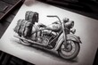pencil sketch of vintage motorcycle with retro design and leather saddlebags, created with generative ai