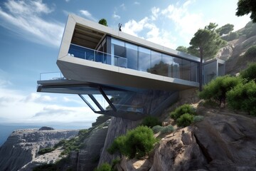 Poster - futuristic house perched on the edge of a cliff, with incredible view, created with generative ai