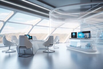 Sticker - futuristic open office with holo-projection wall, showing a stunning view or presentation, created w