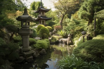 Wall Mural - peaceful garden with pagoda and babbling brook, created with generative ai