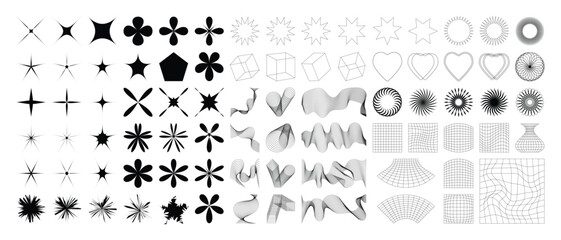 set of geometric shapes in trendy 90s style. black trendy design with frame, sparkles, heart, flower