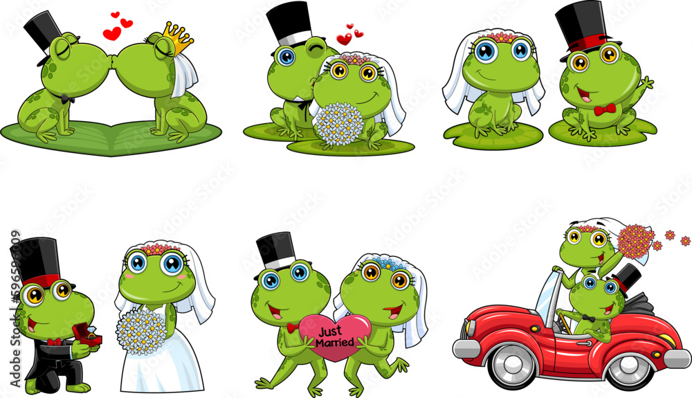 Cute Frogs Cartoon Characters Newlyweds. Vector Hand Drawn Collection ...