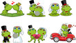 Cute Frogs Cartoon Characters Newlyweds. Vector Hand Drawn Collection Set Isolated On Transparent Background