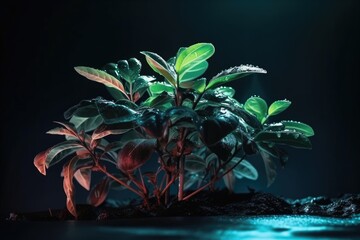 Wall Mural - neon plant growing on dark and stormy sky in night scene, created with generative ai