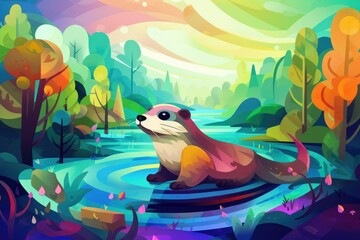 Sticker - Illustration cartoon. Hard edge painting. Cute little otter floating on its back in a river, with a lush forest in the background and a clear blue sky above. Generative AI