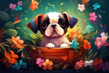 Sticker - Illustration cartoon. Hard edge painting. Cute puppy sitting in a basket, surrounded by colorful flowers and butterflies. Generative AI