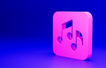 Wall Mural - Pink Music note, tone icon isolated on blue background. Minimalism concept. 3D render illustration