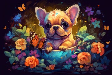 Sticker - Illustration cartoon. Hard edge painting. Cute puppy sitting in a basket, surrounded by colorful flowers and butterflies. Generative AI