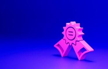 Wall Mural - Pink Medal icon isolated on blue background. Winner symbol. Minimalism concept. 3D render illustration