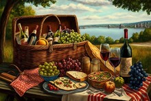 Picnic Basket Overflowing With Fruits, Cheeses, And Bottles Of Wine On Scenic Park Bench, Created With Generative Ai
