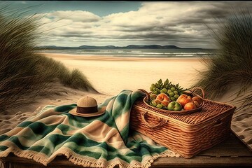 Wall Mural - beautiful view of the beach, with picnic basket and blanket in the foreground, created with generative ai