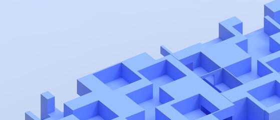 Wall Mural - Business problem solving concept and blue maze with modular structure in isometric geometry. investments, modular, constructivism, copy space, banner- 3d rendering