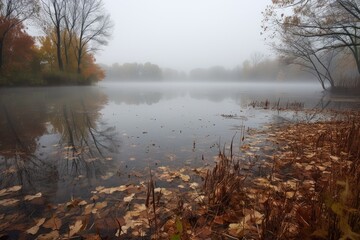 Wall Mural - mist hangs over the lake, with autumn leaves floating on the water, created with generative ai