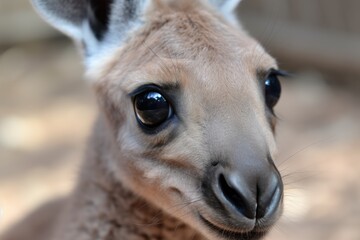 Poster - close-up of kangaroo joey's head, with plush fur and big eyes visible, created with generative ai