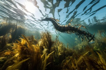 Wall Mural - sea dragon swimming through kelp forest, with schools of fish in the background, created with generative ai