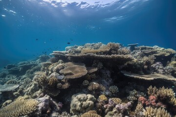 Sticker - coral reef, with schools of fish darting among the coral, created with generative ai