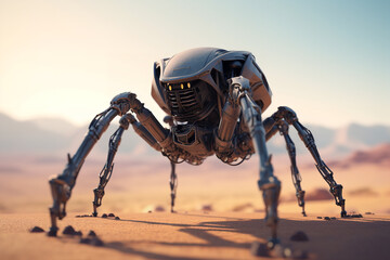 Wall Mural - spider robot standing in a desert Generative AI