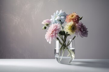 Wall Mural - bouquet of pastel flowers in minimalist glass vase, created with generative ai