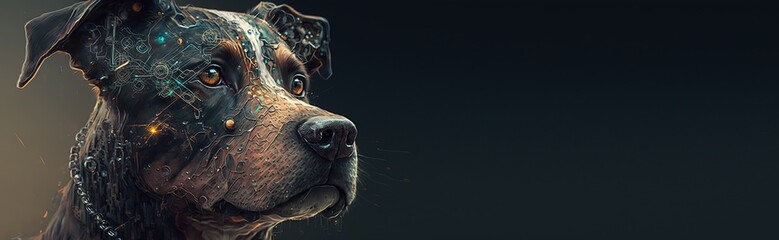 Digital dog with codes and programmes. Cyberpunk painting. Digital designer art. Abstract surreal illustration. A dog with a circuit board on its head. 3D render. Created with AI tools