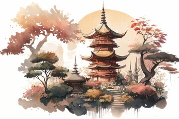 japanese landscape in watercolor with a fairy garden, ink landscape painting created digitally Generative AI