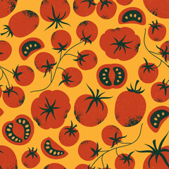 Wall Mural - tomato seamless pattern with yellow background. whole and half cut tomatoes. textured retro style.