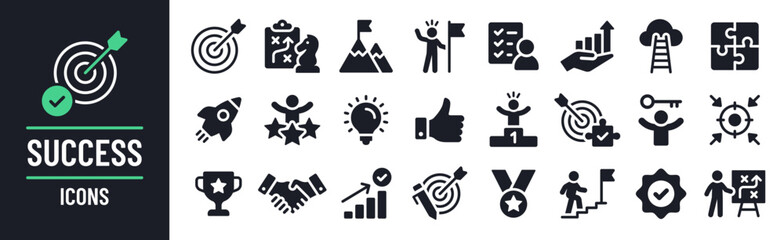 Success icon collection. Containing motivation, winner, goal, marketing plan, medal, target and business strategy icons. Solid icon set. Vector illustration.