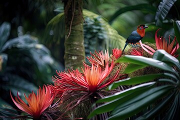 Wall Mural - exotic bird perched on blooming bromeliad, surrounded by lush greenery, created with generative ai