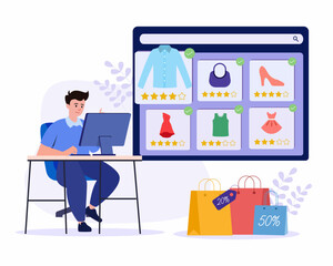 Wall Mural - A man sitting in a desk and using laptop computer for choosing purchases in the online catalog, Online store e-commerce mobile app.