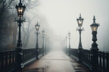 A Misty Road Flanked By Lamp Posts And Lanterns With A Bridge In The Center On A Misty Day. Generative AI
