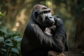 Canvas Print - gorilla, sitting on rock and peering into the distance, created with generative ai