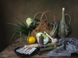 Wall Mural - Still life with asparagus and bacon