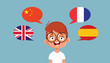 Multilingual Child Speaking English, Chinese, French and Spanish Vector Cartoon. Polyglot student learning various foreign languages with fluency 

