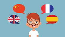 Multilingual Child Speaking English, Chinese, French And Spanish Vector Cartoon. Polyglot Student Learning Various Foreign Languages With Fluency 

