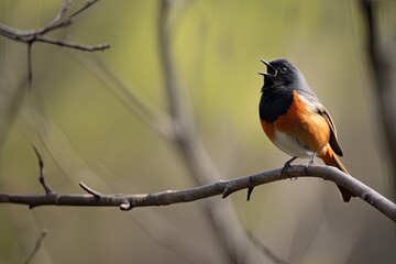 Wall Mural - male redstart bird perched on branch, singing, created with generative ai