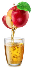 Wall Mural - Glass of apple juice and juice pouring from red apple isolated on white background.
