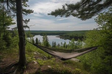 Wall Mural - campsite with hammock and scenic view, perfect for relaxing, created with generative ai