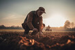 Farmer ( not real person) planting seeds in a fertile field. Regenerative farming. AI generated