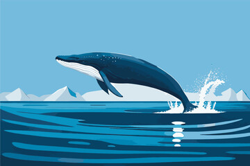 Humpback whale emerging from the water. Humpback whale in the ocean. Eco ocean. Vector illustration.