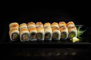 Wall Mural - Japanese sushi rolls with eel, cucumber, and cheese on a black platter. Looking up. Generative AI
