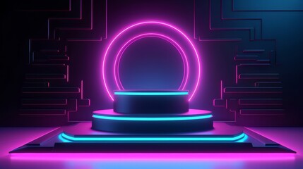 Aufkleber - Neon lamp stage background. Glowing futuristic product display stand podium Against Background, neon geometric shape for product display presentation. Generative ai