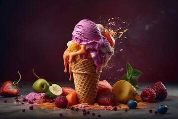 Close up of fresh tasty ice cream in a cone, created with Generative AI technology.